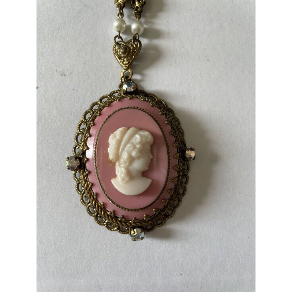 West Germany Pink Cameo Pendant Necklace Filigree Rhinestones 150$